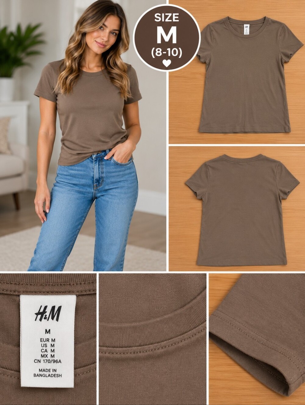 H&M women's medium brown short sleeve top #32